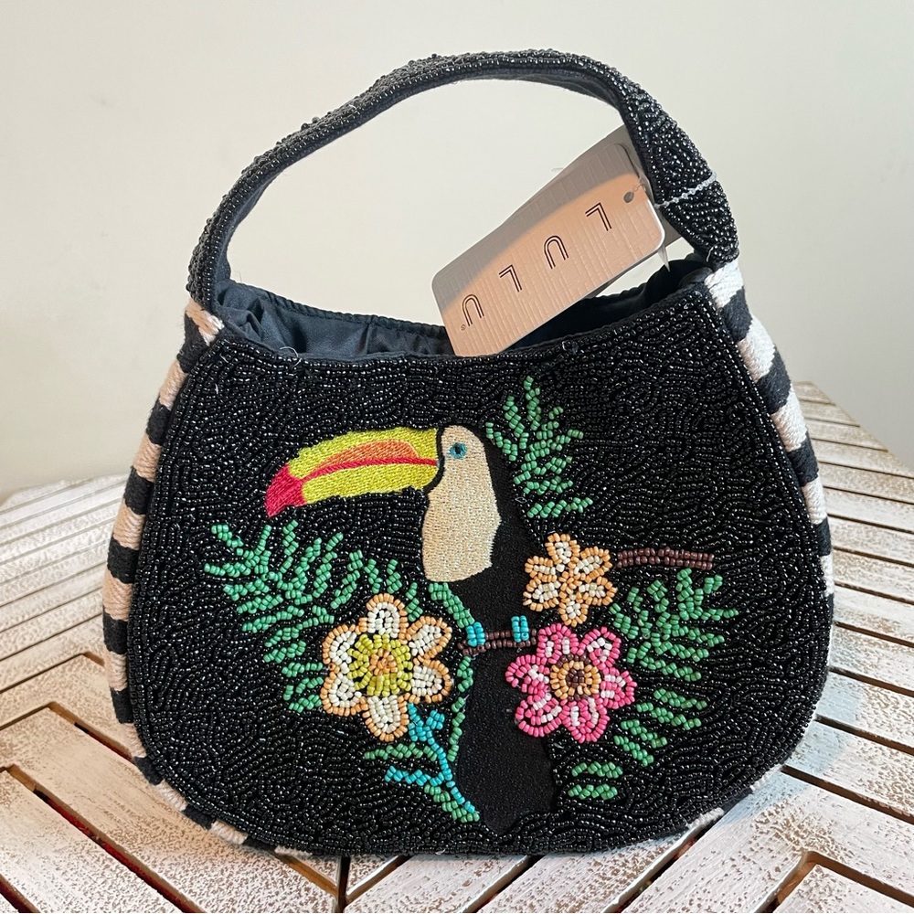 Beaded Embroidered Mini Hobo Bag Accent Striped Tote Bag Nautical Beach Coastal
